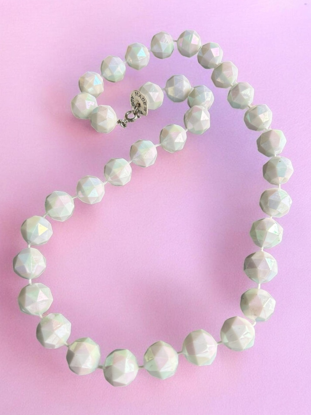 Vintage Made in Austria Faceted Iridescent White Lucite Bead Necklace